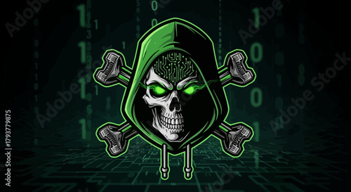 Hacker Skull with Crossbones and Binary Code Background - Cyber Security Concept