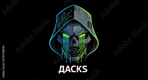 A menacing hooded skull with glowing green eyes, featuring intricate blue and green circuit patterns representing a digital entity or hacker concept