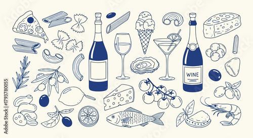 Handdrawn collection of food and beverage icons including pizza, wine, and ice cream
