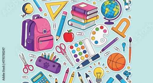 Colorful school supplies and stationery items including backpack, books, and art tools for education