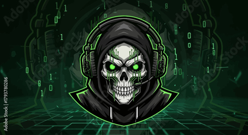 Futuristic Skull with Headphones and Glowing Green Eyes - Digital Art
