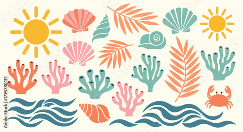 Colorful tropical summer collection with sun, seashells, coral, and crab on waves