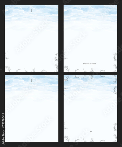 A soft light background with gentle blue watercolor strokes surrounding an empty frame, creating a calm and peaceful memorial mood.