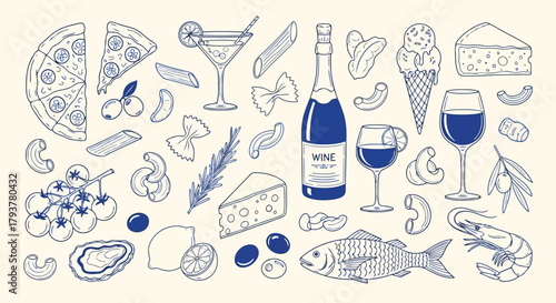Handdrawn sketch of food, drinks, and desserts with wine, pizza, and ice cream
