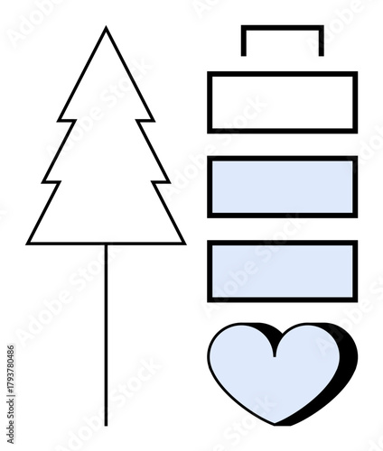 Tree outline, battery icon, blue heart symbol highlighting eco-consciousness, sustainability, renewable energy, love for nature, clean technology, balance and simplicity. Ideal for environmental