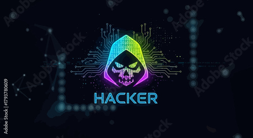 Hooded Skull Hacker Emblem with Circuitry and Network Connection Graphics