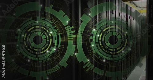 On scan starting two green HUD circles rotating opening pulsing gap sparks moving showing servers