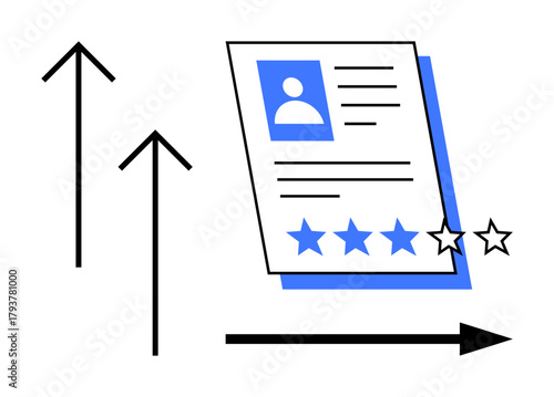 Document with photo, text, four stars rating and arrows pointing up and right. Ideal for career growth, performance evaluation, personal development, recruitment, success metrics, achievements