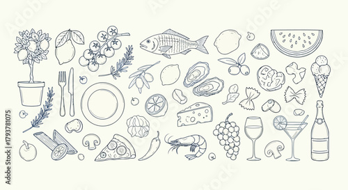 Handdrawn collection of food, drink, and kitchen items with utensils, fruits, and vegetables