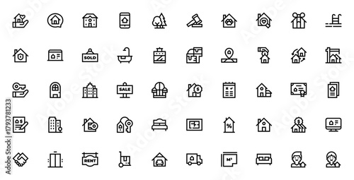 Real Estate icon set. Minimal vector icons pack. Incudes symbols for house, aprtment, rent, sale, mortgae, agent, construction, bleprint and more.