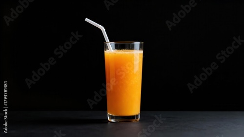 Tall glass filled with pulpy citrus beverage sits against a dark background