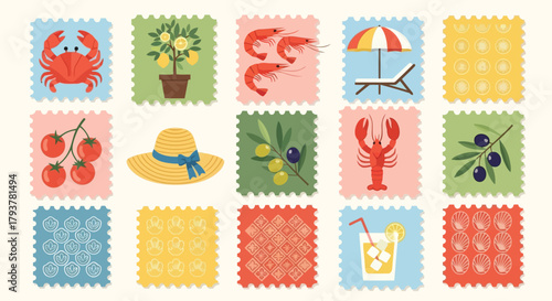Colorful summerthemed fabric patchwork with crabs, fruits, and beach icons