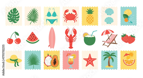 Colorful summerthemed icons with tropical elements, beach items, and fruits in flat design