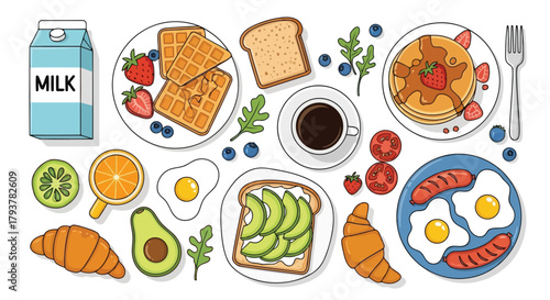 Assorted breakfast foods including toast, eggs, pancakes, and fresh fruits on plates with milk and coffee