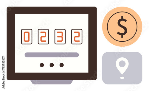 Digital counter with numbers on a screen, dollar sign coin icon, and location marker. Ideal for finance, analytics, technology, tracking, navigation budgeting operations. Simple flat metaphor