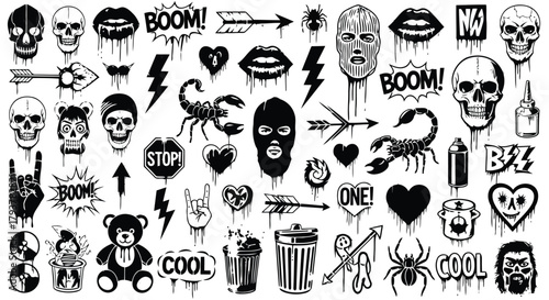 Collection of black and white tattoo designs with skulls, spiders, hearts, and cool symbols