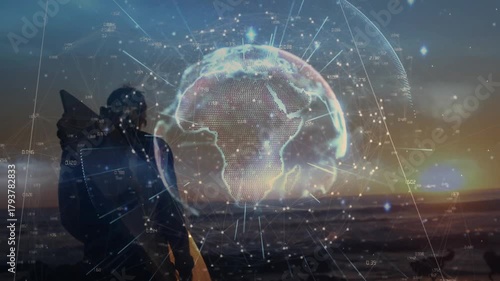 Surfer walking sunset beach, digital globe appearing over surfer and rotating, mapping tech network