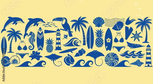 Colorful tropical summer icons collection with palm trees, surfboards, and sea creatures in flat design