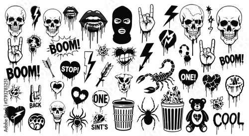Collection of black and white skull, music, and graffiti icons with bold text elements
