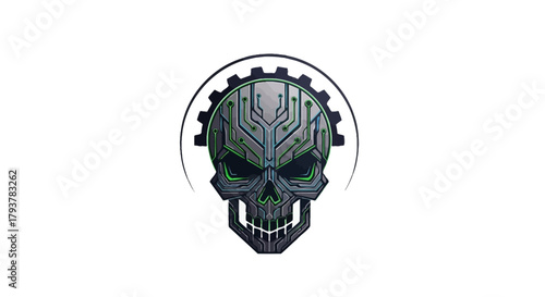 Cybernetic Skull Icon A Futuristic Tech Emblem Featuring Digital Circuits and Green Glow