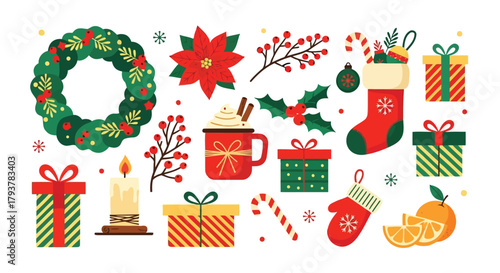 Colorful christmas and holiday icons set with wreath, gifts, stockings, and festive decorations