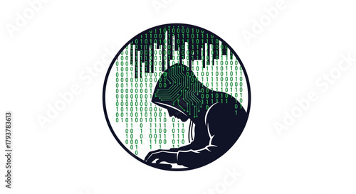 Silhouette of a hooded figure typing on a laptop with binary code in the background representing cyber security and digital crime