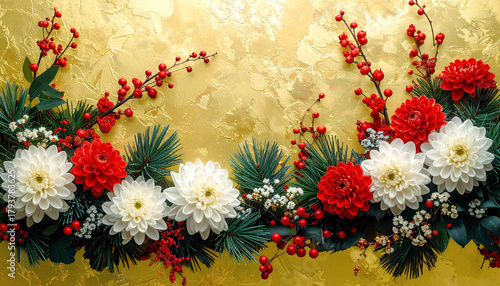 金箔のテクスチャを背景に華やかな正月の花飾り