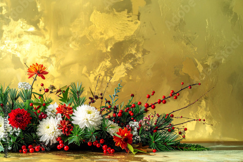 正月の生け花と金屏風の背景