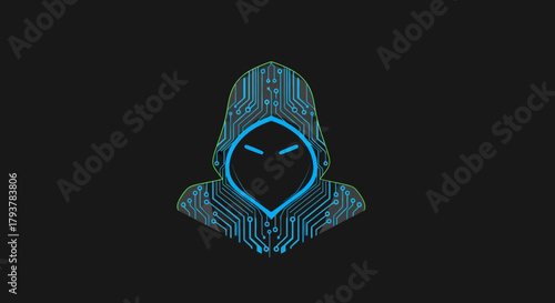 Mysterious digital hooded figure crafted from vibrant circuit board lines, symbolizing cybersecurity, anonymity, and the enigmatic world of technology and data protection