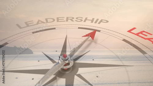 Compass with red arrow starting at center, rotating and highlighting leadership for business