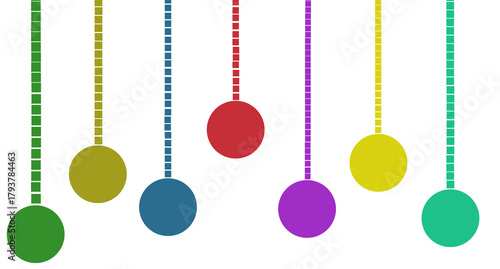 Row of Seven Colorful Pendulums in Green, Olive, Blue, Red, Purple, Yellow, and Teal for a Playful, Rhythmic, and Minimalist Decorative Design
