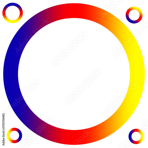 Circular Gradient Ring from Blue to Red to Yellow with Four Matching Smaller Rings in Symmetrical Corners for a Playful, Festive, and Minimalist Decorative Design