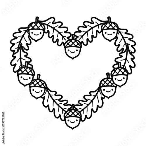 Cute Acorn Heart Wreath Vector Illustration