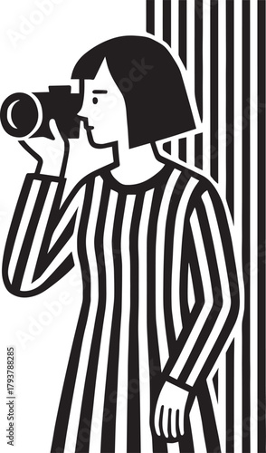 Striped Woman Photographer – Minimal Black & White Geometric Illustration