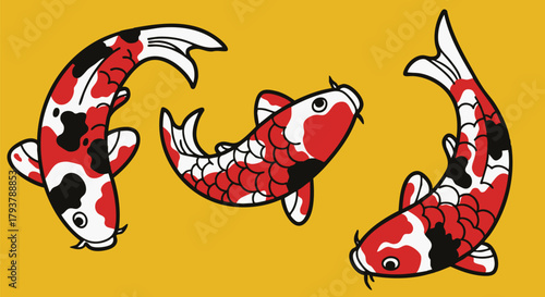 Three colorful koi fish swimming gracefully on a bright yellow background artfully done on transparent background