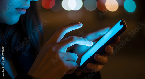Close-up of a persons hands using a smartphone at night with bokeh lights in the background.