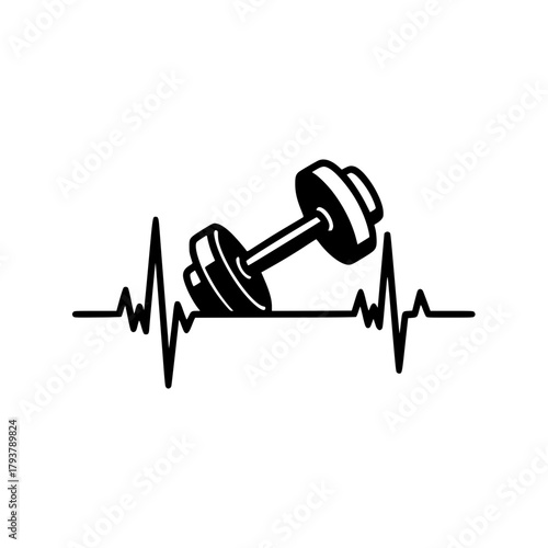 The heartbeat of fitness, a graphic illustration of a dumbbell overlaid on a rhythmic electrocardiogram, symbolizing the rhythm and dedication to physical wellness. vector illustration