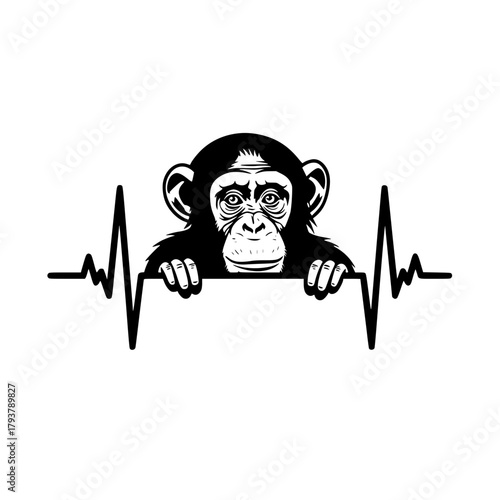 An artistic depiction captures the essence of life's rhythm, blending the image of a chimpanzee with the dynamic pulse of a heartbeat. This piece is a powerful visual metaphor. vector illustration