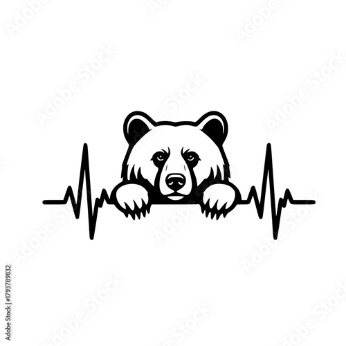 A stylized bear illustration, a bold depiction of wildlife, harmoniously intertwined with a heartbeat rhythm, symbolizing the vital connection between nature and life.  vector illustration