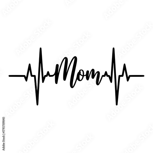 A Heartbeat of a mother's love, featuring a simple heartbeat line with the word Mom in a delicate script. conveying love, care and devotion. vector illustration