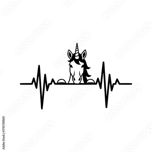 A majestic unicorn, a mythical creature, peeks over the rhythmic flow of a heartbeat, a symbol of life's vibrant pulse.  vector illustration