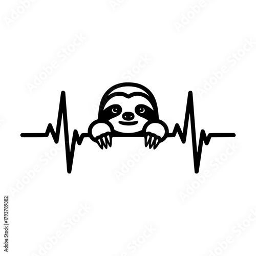 A whimsical illustration depicts a sloth integrated with an electrocardiogram (ECG) waveform, celebrating a gentle spirit. vector illustration