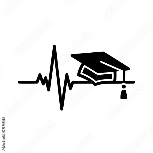 A unique symbol representing the heartbeat of knowledge, with a graduation cap seamlessly integrated into the rhythmic pulse. vector illustration