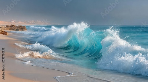 Crashing azure wave on a sandy beach with rocky outcrops under a cloudy sky