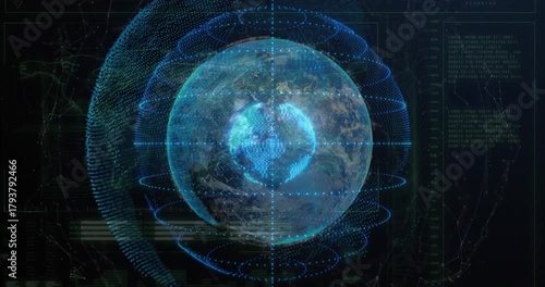 Receiving data pulse, hologram Earth forming, rotating rings, scanning HUD panels showing data