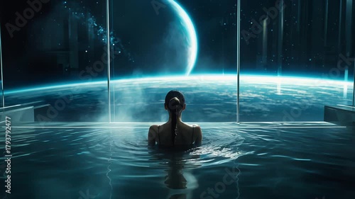 Woman peacefully observes distant edge of planets against cosmic