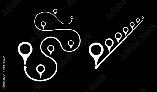 Location pin markers, line with turn, curve, straight line vector on black background. Simple and complex difficult business process solution. Gps map markers illustration isolated on white. 