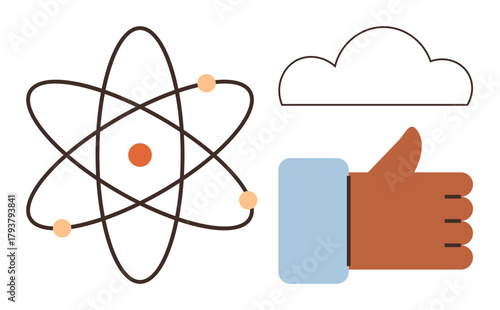 Atom structure with orbiting electrons, cloud outline, and thumbs-up gesture. Ideal for science, technology, energy, cloud computing, positivity approval learning. Simple flat metaphor