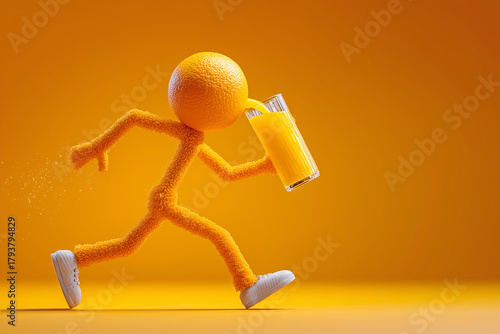 オレンジキャラがジュースを運ぶユニークな3Dイラスト