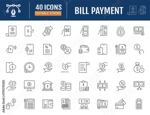 Bill Payment icon set. Includes finance bill, receipt, invoice, document, atm, cash, and other. Vector Illustration with Editable Strokes